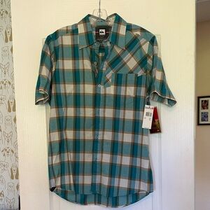 Quiksilver Men's Blue and Tan Plaid Shirt